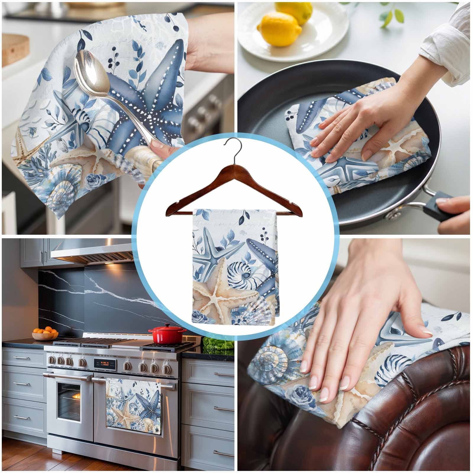 Blue Starfish Coastal Kitchen Towels Set of 2, Water Absorbent Dish Towel, Eucalyptus Summer Nautical Shell Decorative Hand Towels - Quick Drying Cloth for Cooking Baking, 18x28 Inch