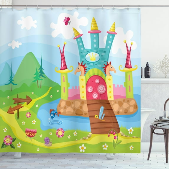 Fairy Tale Shower Curtain, Jester Hat Furnished Castle with Fishes in the Moat and Snails on the Grassland, Fabric Bathroom Set with Hooks, 69W X 75L Inches Long, Multicolor, by Ambesonne