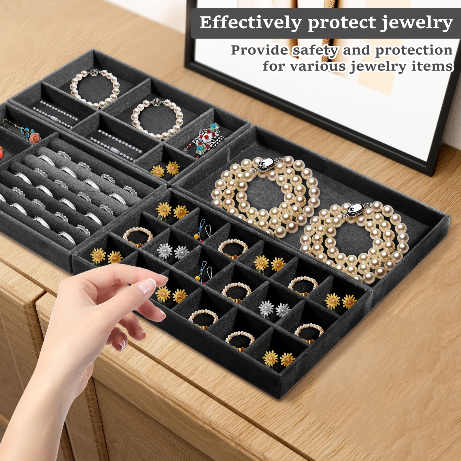 Velvet Jewelry Trays for Drawers, Set of 12 Stackable Jewelry Drawer Organizer Inserts, 4 Styles Black Velvet Drawer Compartment Organizer Tray for Rings, Earrings, Necklace, Bracelet, Watch