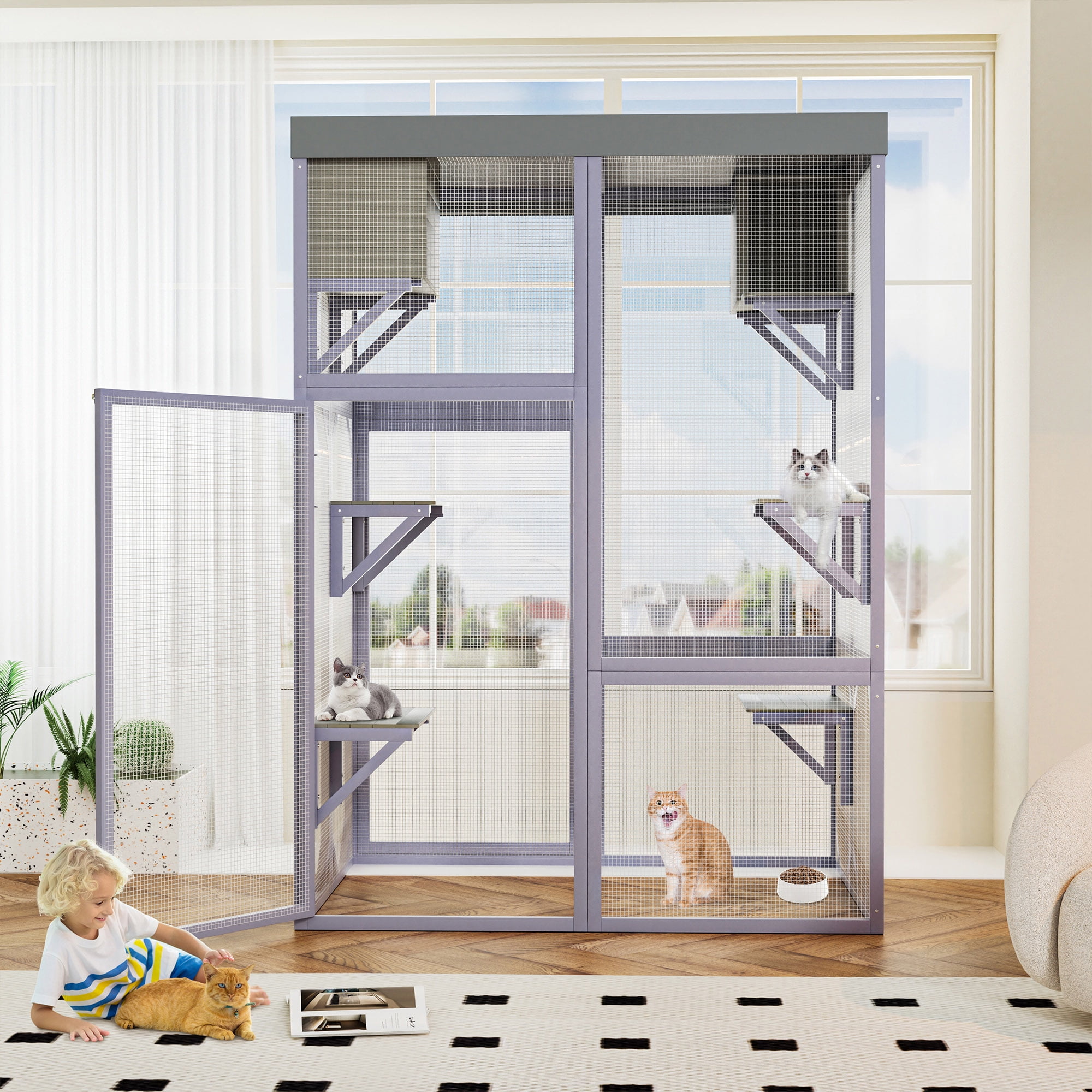 Outdoor Wooden Catio Multi-functional Cat Enclosure, 4 Platforms & 2 Napping Houses, 2 Strong Locks, Rounded Corner Design, Indoor Spacious Cage for Cats to Play Rest