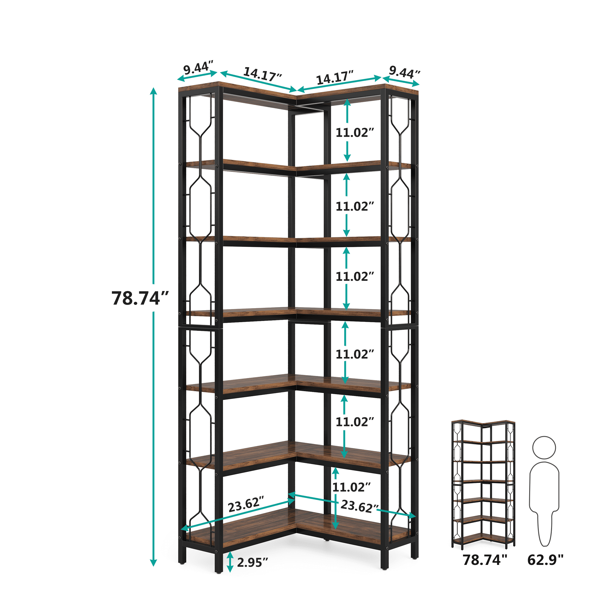 MAYEERTY Hexagonal 7-Tier Corner Bookcase, Space-Saving Industrial Display Rack with Side Railings for Living Room & Office