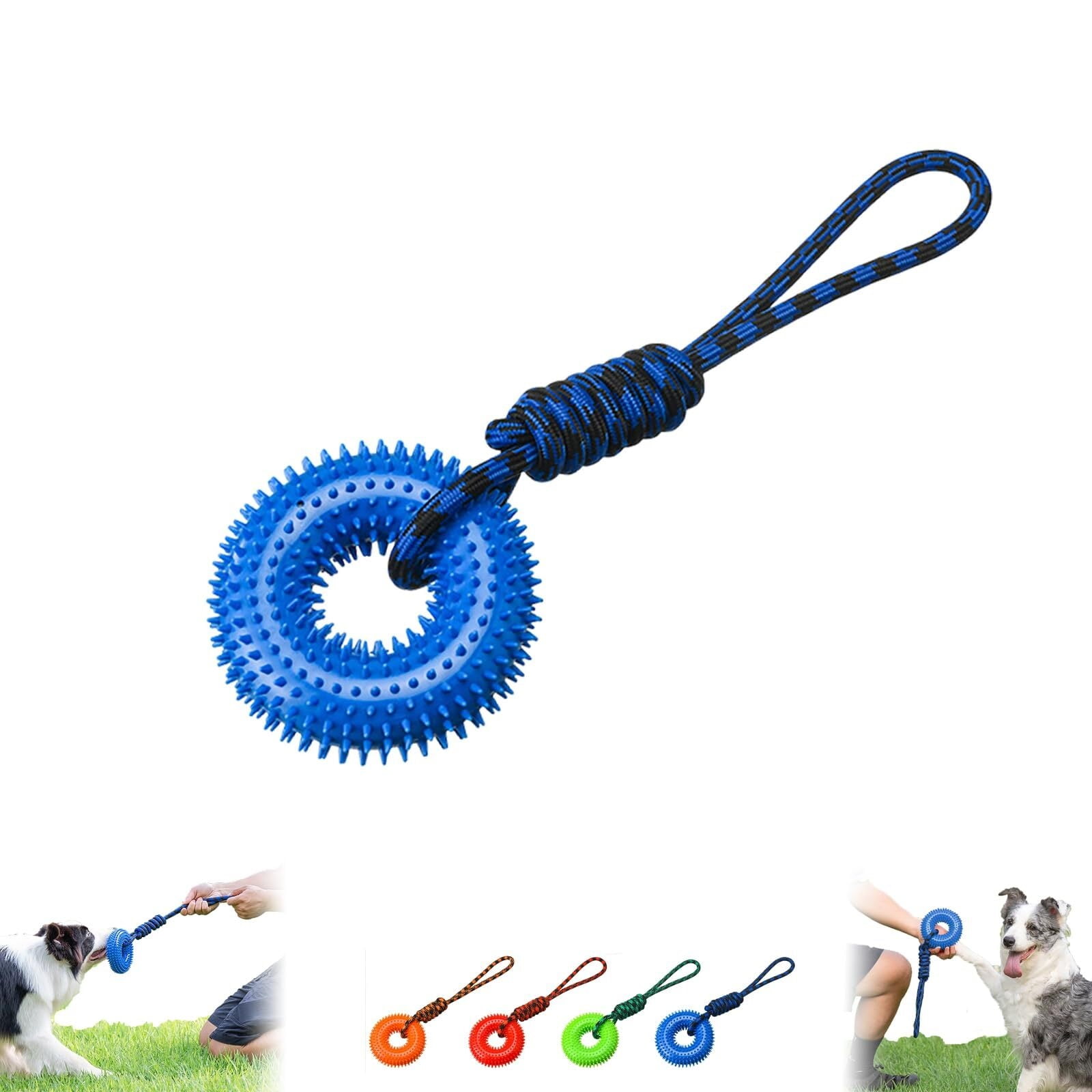 Dog Toys for Aggressive Chewers Squeaky Spiky Ring Puppy Teething Toys with Rope Interactive Training Ring for Small Medium Large Dogs Outdoor Indoor (Blue)