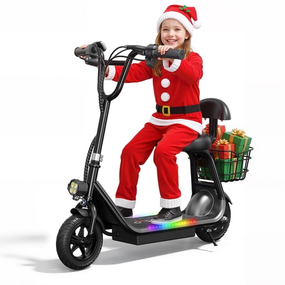 Kids Electric Scooter Foldable E-Scooter with Seat & Carry Basket, Bluetooth Speaker & LED Light Strip, 11MPH Speed, 132 Lbs Max Load for Children