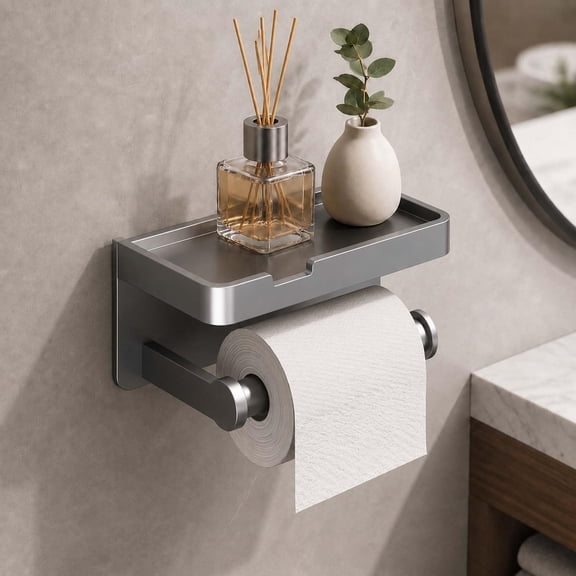 Upgrade Wall Mount Toilet Paper Holder with Shelf & Waterproof Cover, Self-Adhesive No Drill Tissue Roll Holder, Aluminum Toilet Roll Holder for Bathroom, RV, Washroom, Gray with Cap