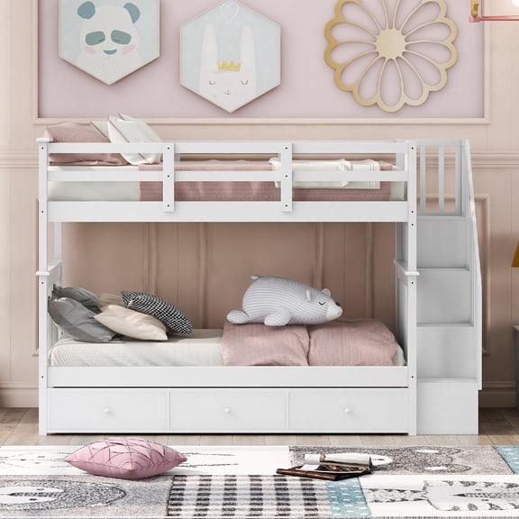 Twin-Over-Twin Bunk Bed Frame with Storage staircase and Able to Split, Solid Wood Bunk Bed Frame with 3 Drawers for Bedroom, Apartment, Mattress not included, No Spring Box Needed, White
