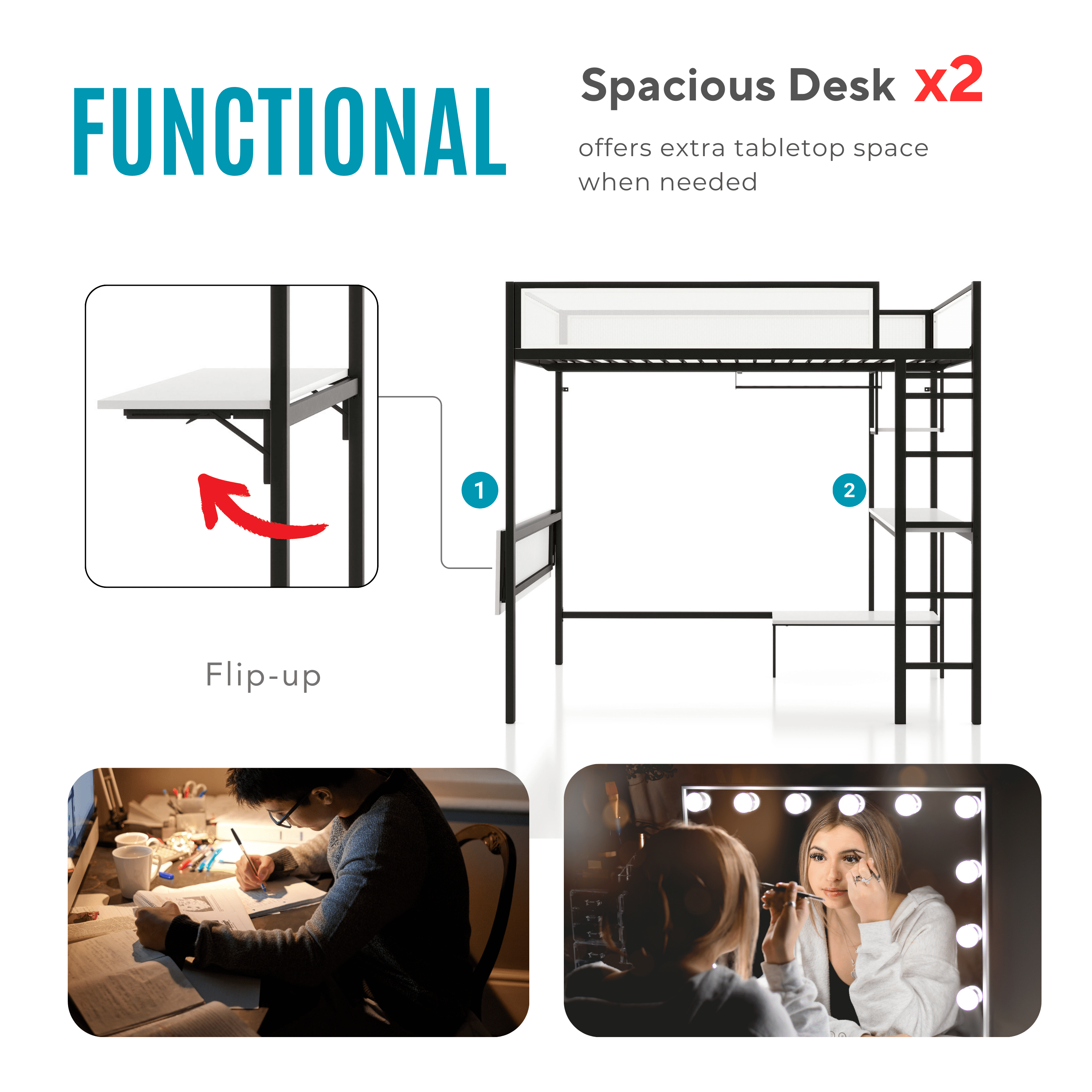 Furniture of America Veric Kids Black Full Loft Bed with Dual Desks, Two Shelves and Closet Rod