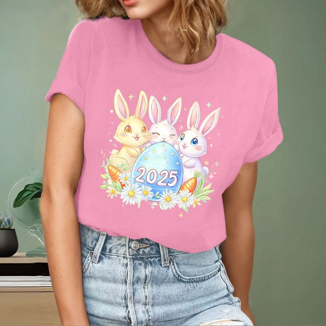Ounisa T-Shirts à Manches Courtes pour Femmes Col Rond Imprimé Lapin de Pâques Tissu Doux Coupe Ample Printemps Été 2026 Mode Décontractée Quotidienne Confortable Tendance Basique Hauts P-2TG