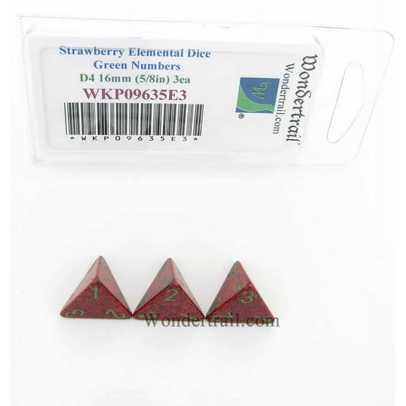 Strawberry Elemental Dice with Green Numbers D4 16mm (5/8in) Pack of 3 Wondertrail