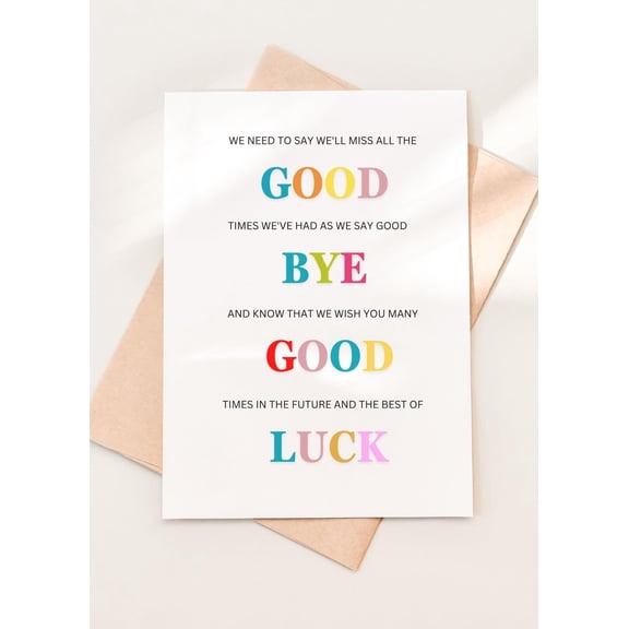 Goodbye Card with Colorful Wishes – Perfect for Farewells, New Beginnings, and Best of Luck – Envelope Included, Blank Inside for Personal Messages