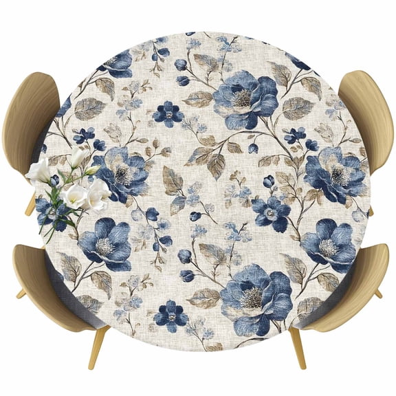 Blue Gray Spring Floral Table Cloth, Round Fitted Tablecloths with Elastic Edge, Vintage Botanical Wipeable Waterproof Table Cover for Kitchen Wedding 36-44 Inches