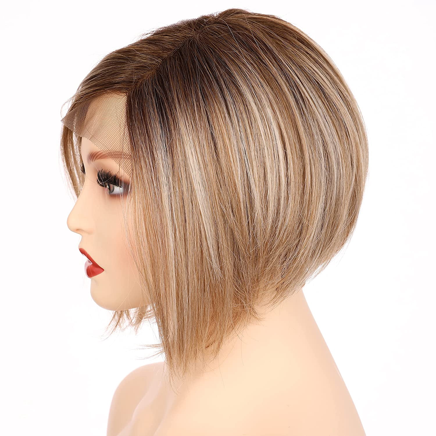 OneDor 8 Inch Angled Layers Lace Front Wig Relaxed Straight Bob wig (Dark Natural Blonde Blended & Pale Golden Blonde with Dark Roots-OT8/386/624) …