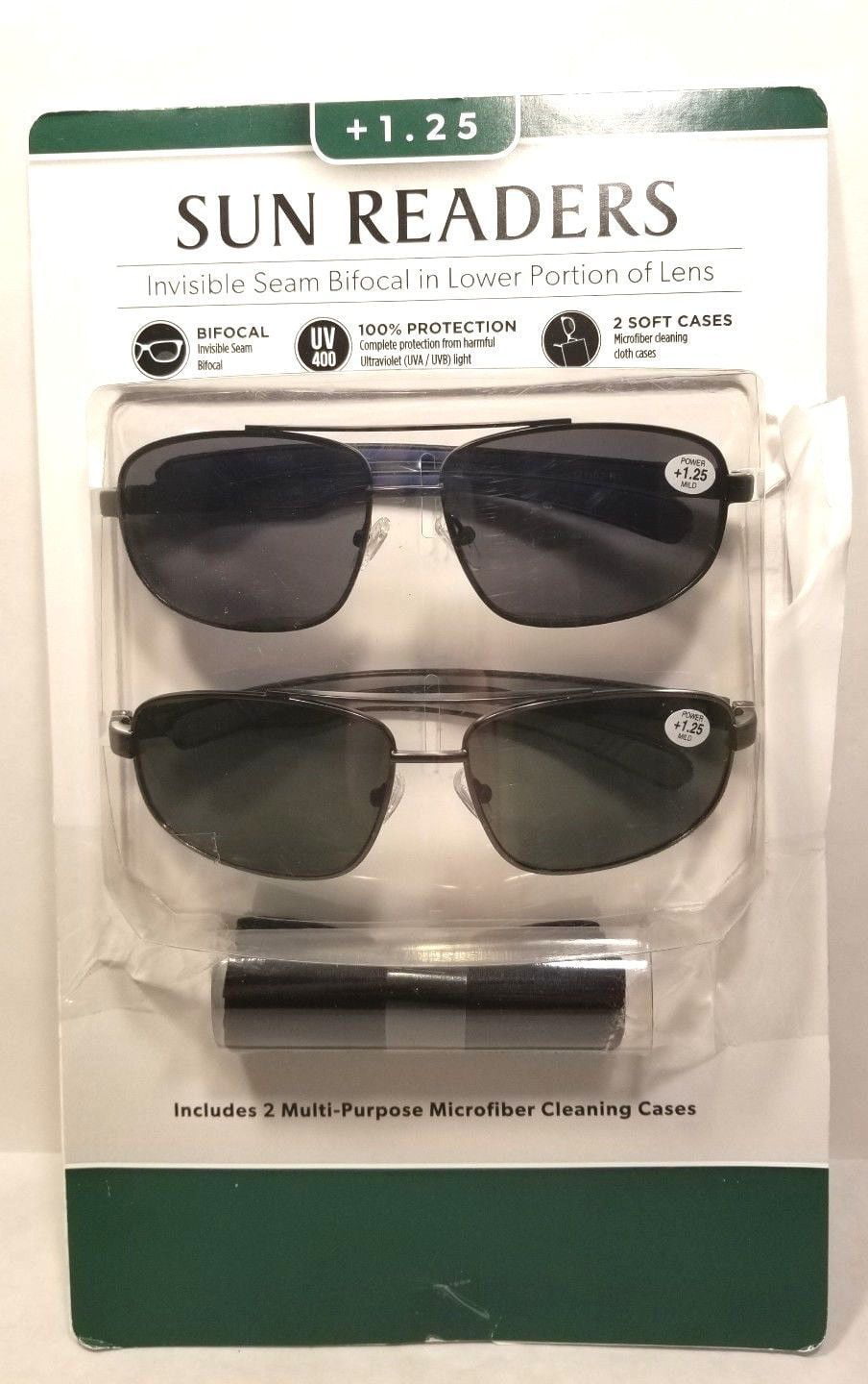 1.25 NEW ICON EYEWEAR 2 pack Unisex Invisible Seam Bifocal Sunglasses Readers 