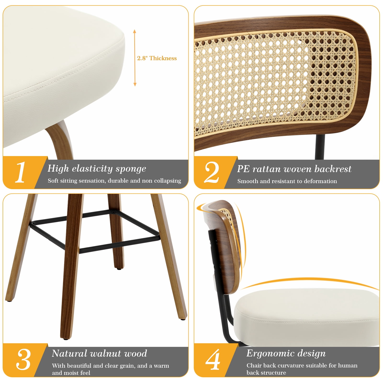 ANMINY Swivel Counter Height Bar Stools, Set of 2, Upholstered Faux Leather Barstools with Rattan Back, 29" Seat Height Bar Chairs for Kitchen Island, Bentwood Wood Frame