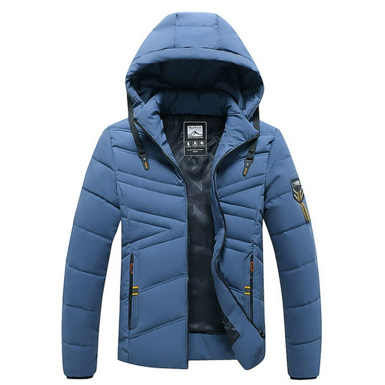 HAPIMO Discount Men's Fashion Puffer Jacket Solid Color Zipper Quilted  Thickened Multi Pocket Hooded Fall Winter Cotton Jacket with Drawstring  Blue XL