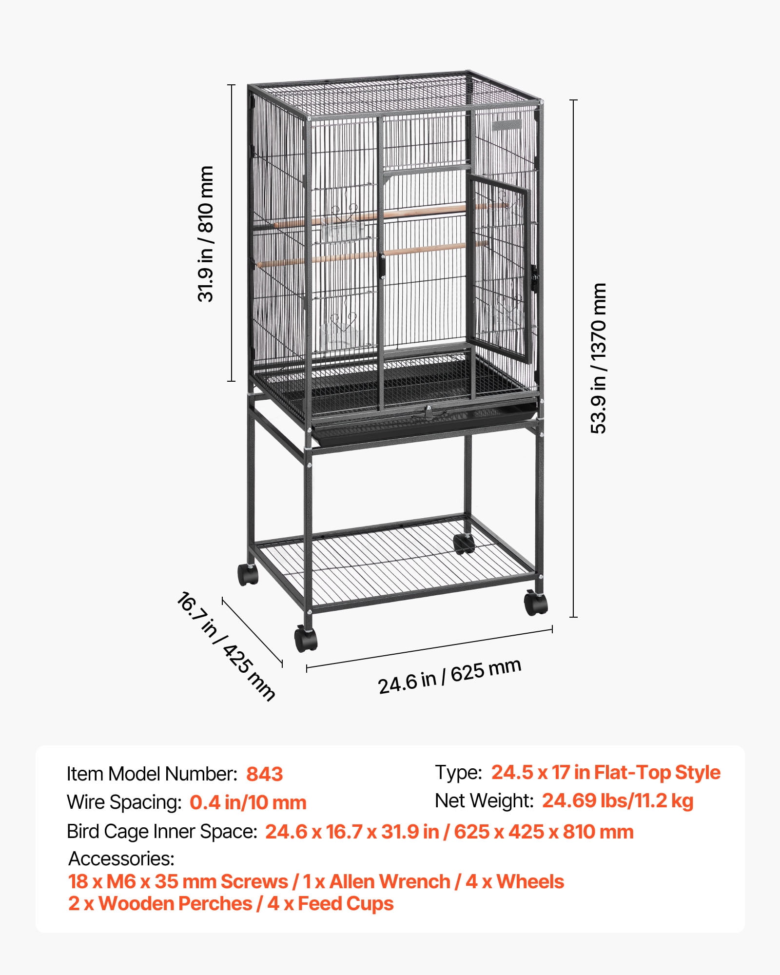 VEVOR Bird Cage, 24.6 x 16.7 x 53.9 in, Flat Top, Wrought Iron Bird Flight Cage with Perches, Slide-Out Tray and Plastic Feeders, Casters, for Parrot, Blue Tit, Cockatiel, Canary, Budgerigar, Conure