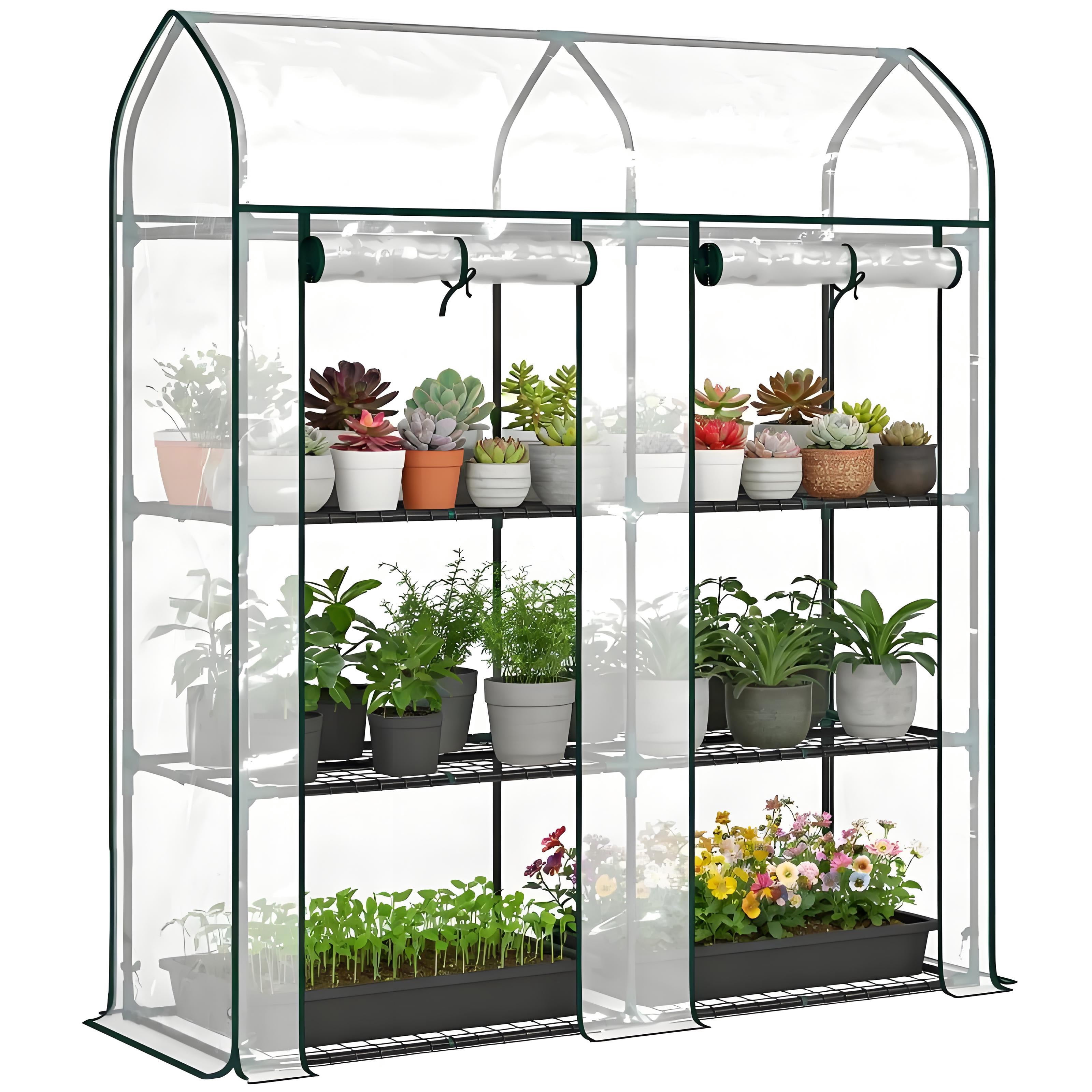 Clear Small 3-Tier Mini Greenhouse, Portable Plant Greenhouse with 2 Roll-up Doors, 56.3" x 18.1" x 65"