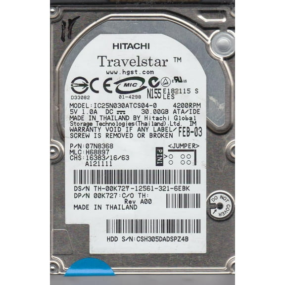 IC25N030ATCS04-0, PN 07N8368, MLC H68897, Hitachi 30GB IDE 2.5 Hard Drive