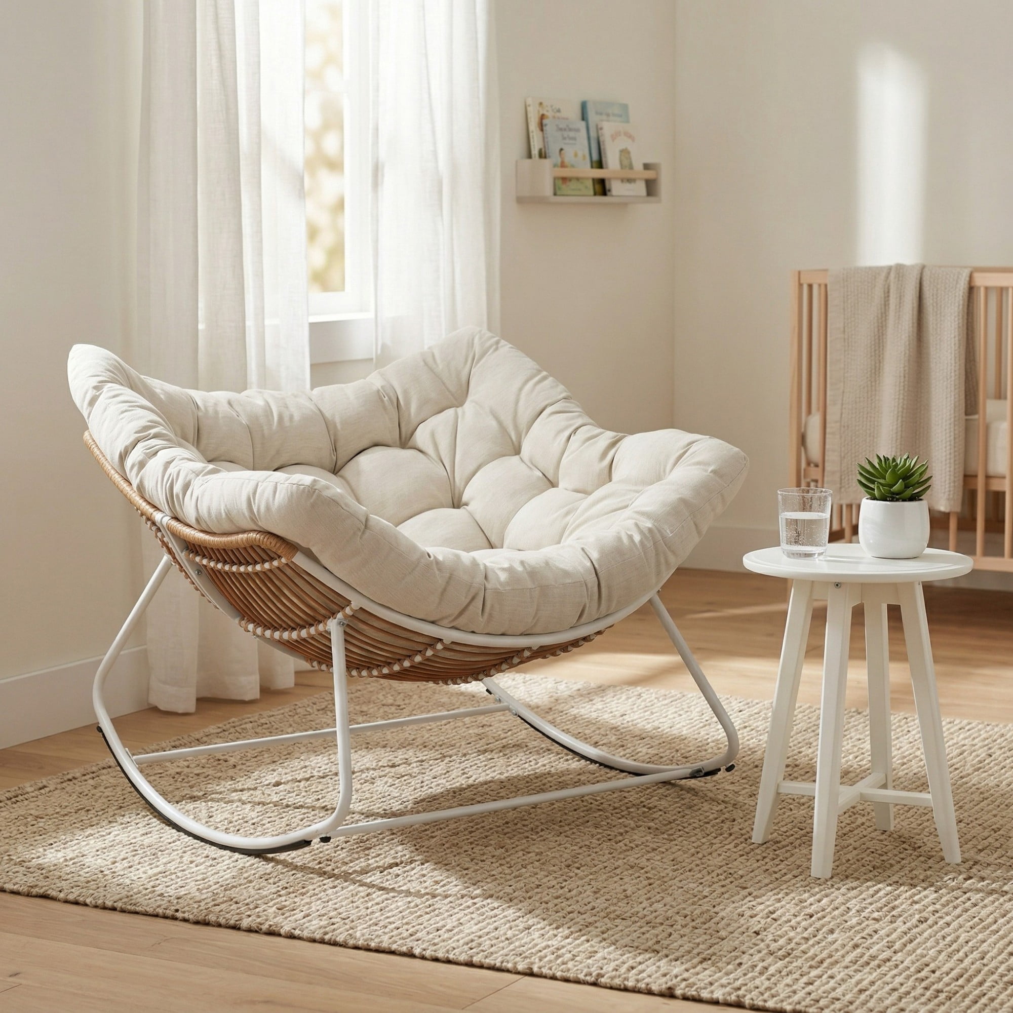 Outdoor Papasan Rocking Chair Oversized, Rattan Egg Rocker Chair with Padded Cushion, 400lbs Patio Wicker Rocking Chair for Living Room Porch Backyard, Beige