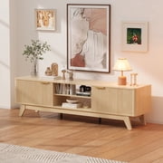 Jableast 70" Fluted TV Stand, Media Console Table with Adjustable Shelves & Power Outlet, Mid-Century Modern Entertainment Center for Living Room, Natural Wood