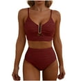 thumbnail image 2 of Bikini Sets for Women V Neck Ribbed Crinkle Two Piece Bathing Suits High Waisted Tummy Control U-Ring Detail Flattering Swimwear, 2 of 4