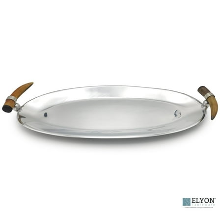 ELYON 22" Oval Serving Tray, Silver Platter Handmade Horn Handle