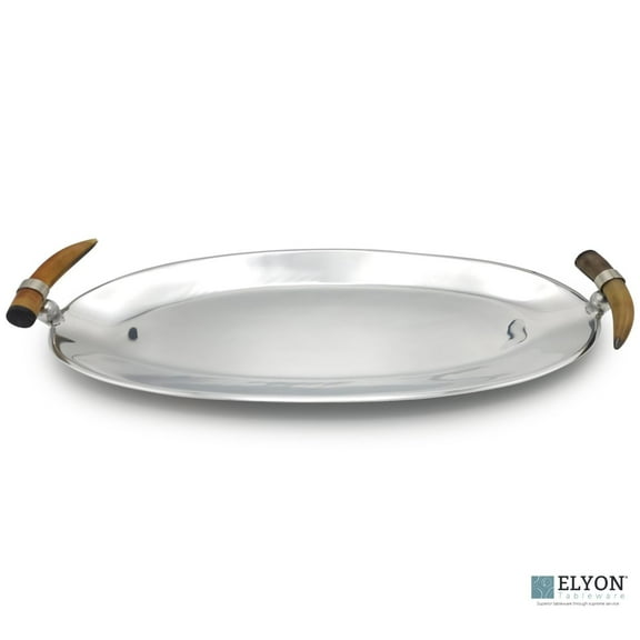ELYON 22" Oval Serving Tray, Silver Platter Handmade Horn Handle