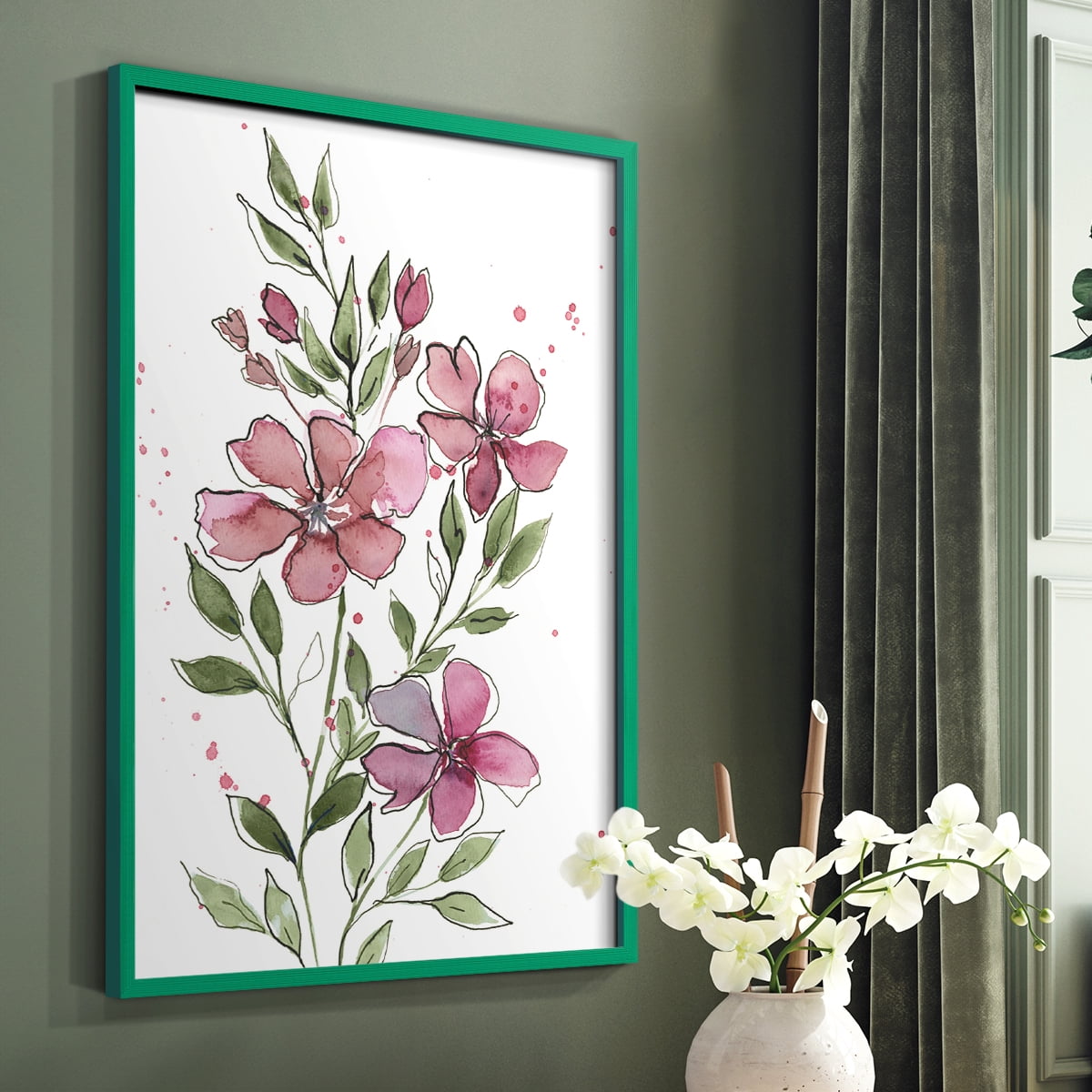 Watercolor Floral Stems I Framed Print in Green Solid Wood 8 x 10 Framed Print