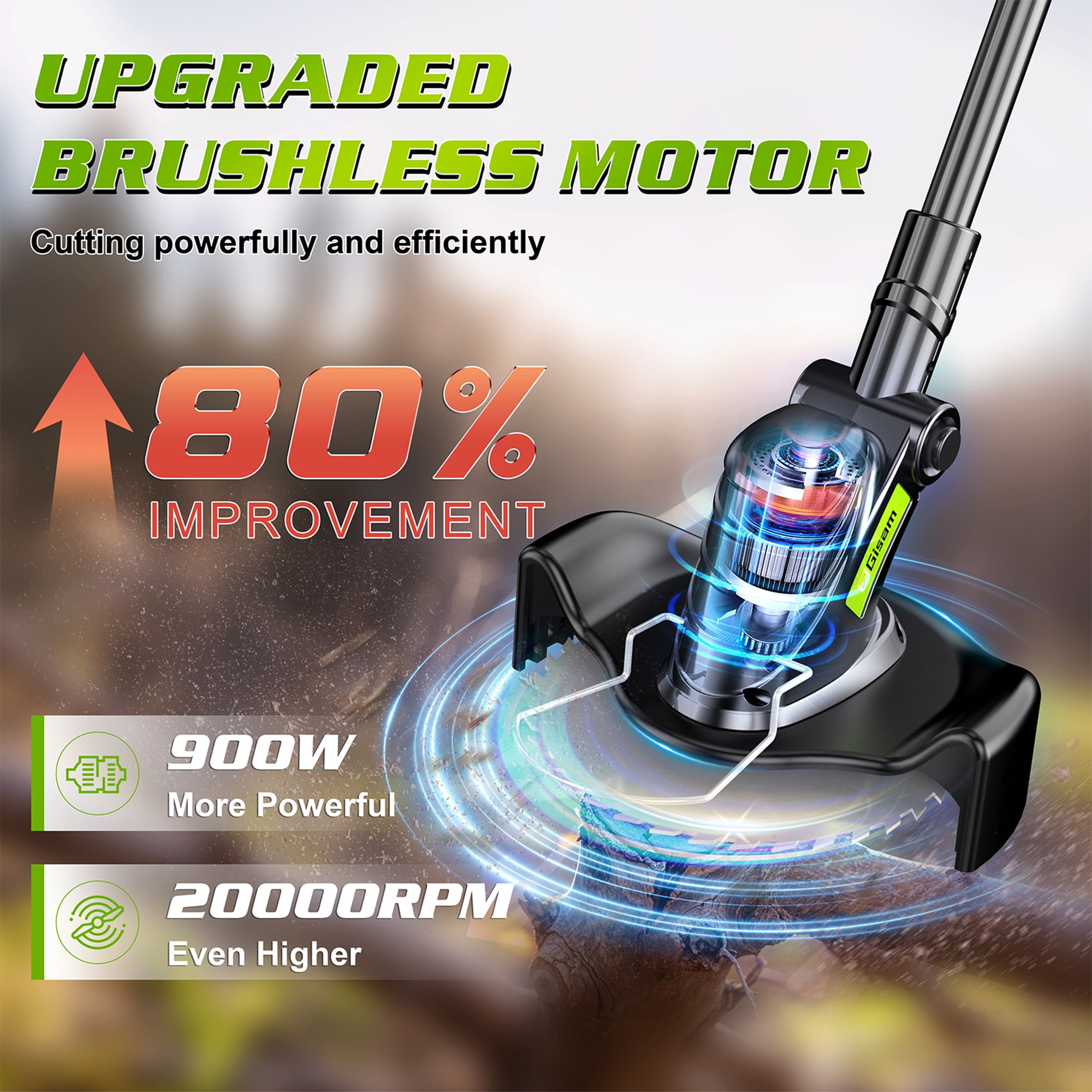 Gisam Cordless Grass Trimmer, Battery Operated Weed Wacker with Wheels , Brushless Motor ,2 *2.0Ah Battery & 8 Cutting Blade