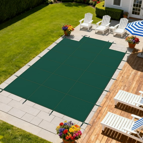 ShadeMart Inground Pool Safety Cover, 170GSM Material Winter Pool Cover, For 16x32ft Inground Pool with 5x10ft Center Step, Installation Hardware Included, Green