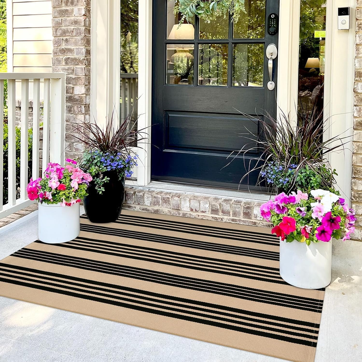Xwl Outdoor Rug 3'x5', Black and Tan Area Rug Machine Washable Rugs Cotton Hand Woven Entry Rug Indoor Outdoor Striped Carpet for Front Porch/Deck/Backyard/Camping/Outdoor Decor