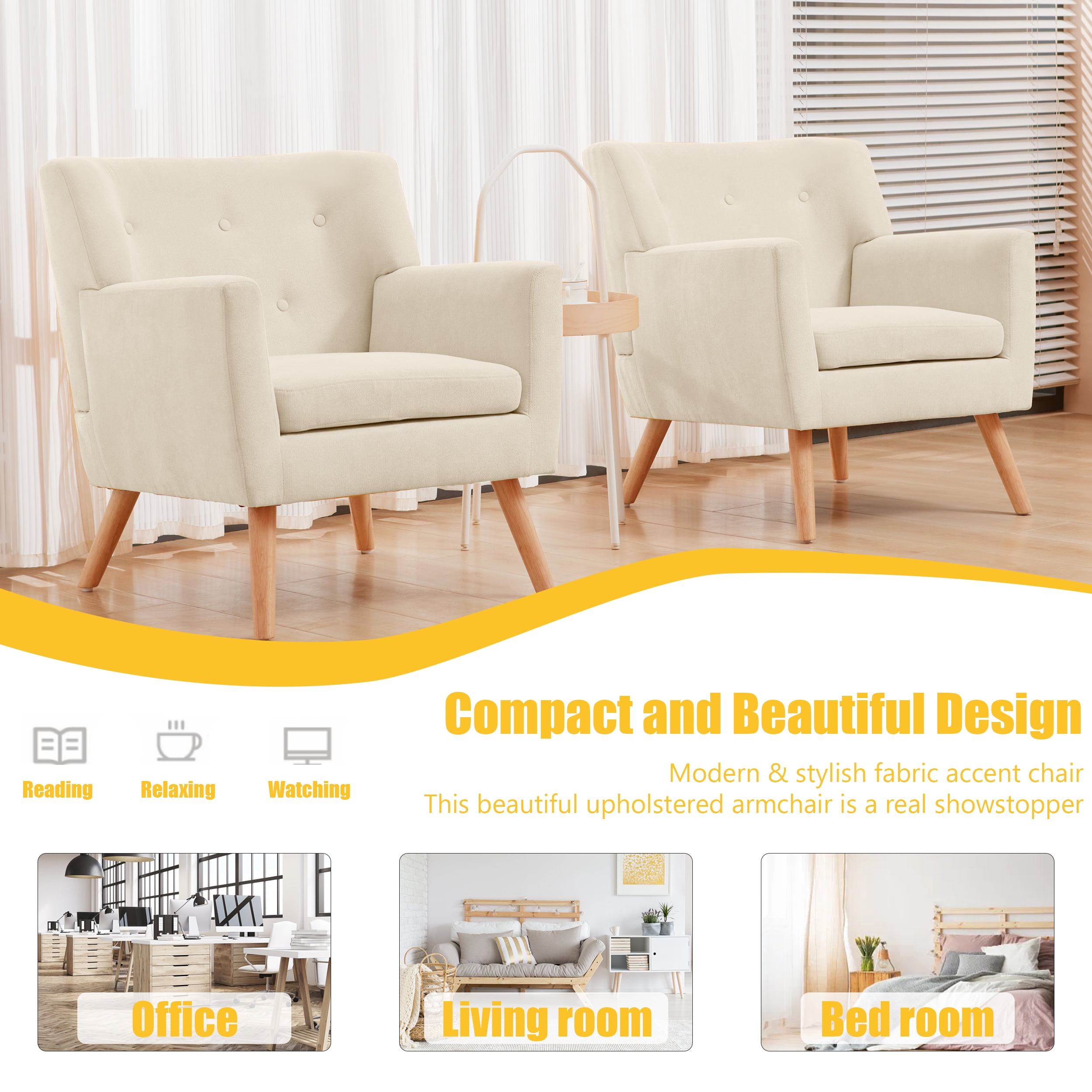 TrumanPick Mid Century Accent Chairs, Set of 2 Modern Living Room Armchair Tufted Single Sofa Lounge Chair for Bedroom, Beige