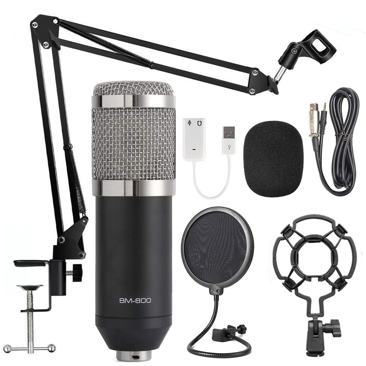 Pop Filter BM-800 Mic Set Studio Broadcasting Recording Microphone Kit with Adjustable Mic Suspension Scissor Arm Shock Mount Condenser Microphone Kit USB Audio Cable