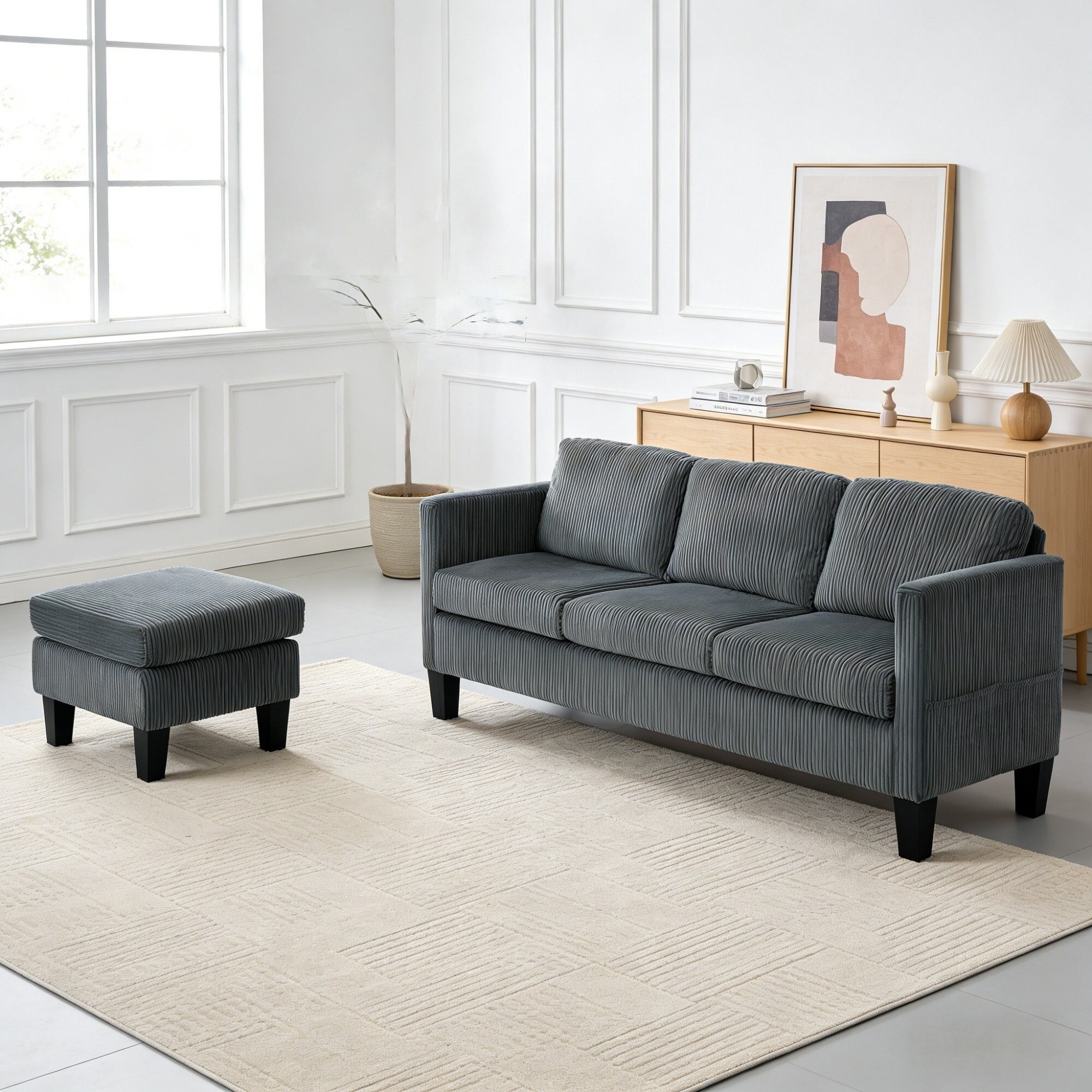 AENKYO 67" L-Shaped Corduroy Sectional Sofa with Storage Ottoman, Modern 3-Seat Couch w/ Side Pockets, Gray