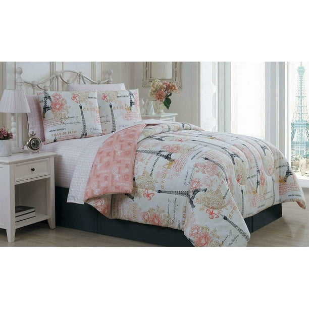 Paris Eiffel Tower Pink & Grey Flowers Twin Comforter Set (6 Piece Bed