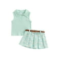 thumbnail image 2 of Elippeo Toddler Girl Summer Outfit 6 12 18 24 Months 3 4 Years Solid Color Ribbed Sleeveless Tank Tops and Daisy Print Pleated Skirts with Belt 2Pcs Clothes Set, 2 of 10