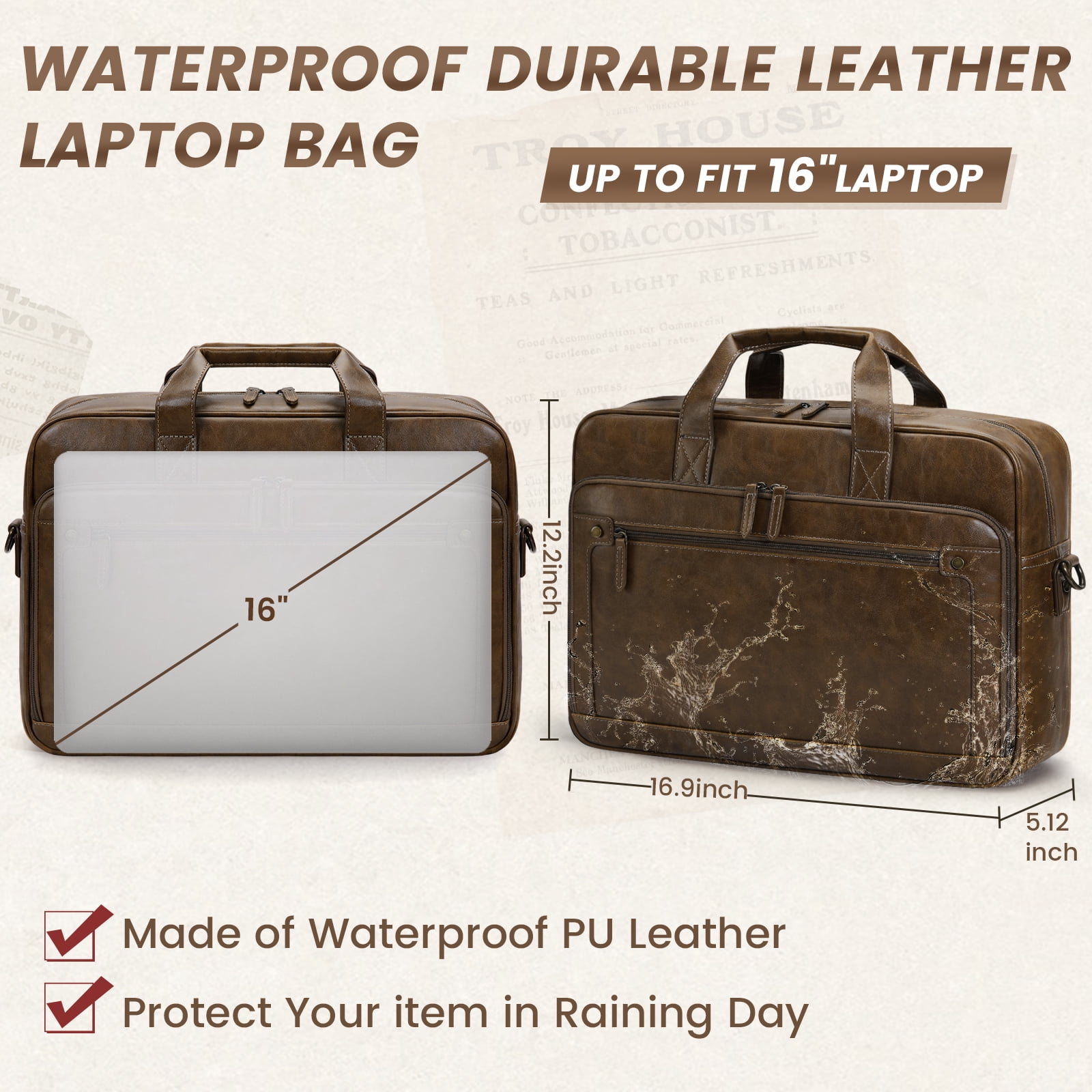 RAINSMORE Messenger Bag for Men 16 Inch Laptop Bag Leather Briefcase Vintage Crossbody Shoulder Office Computer Bag Retro College Satchel Bag for Work, Business, Brown
