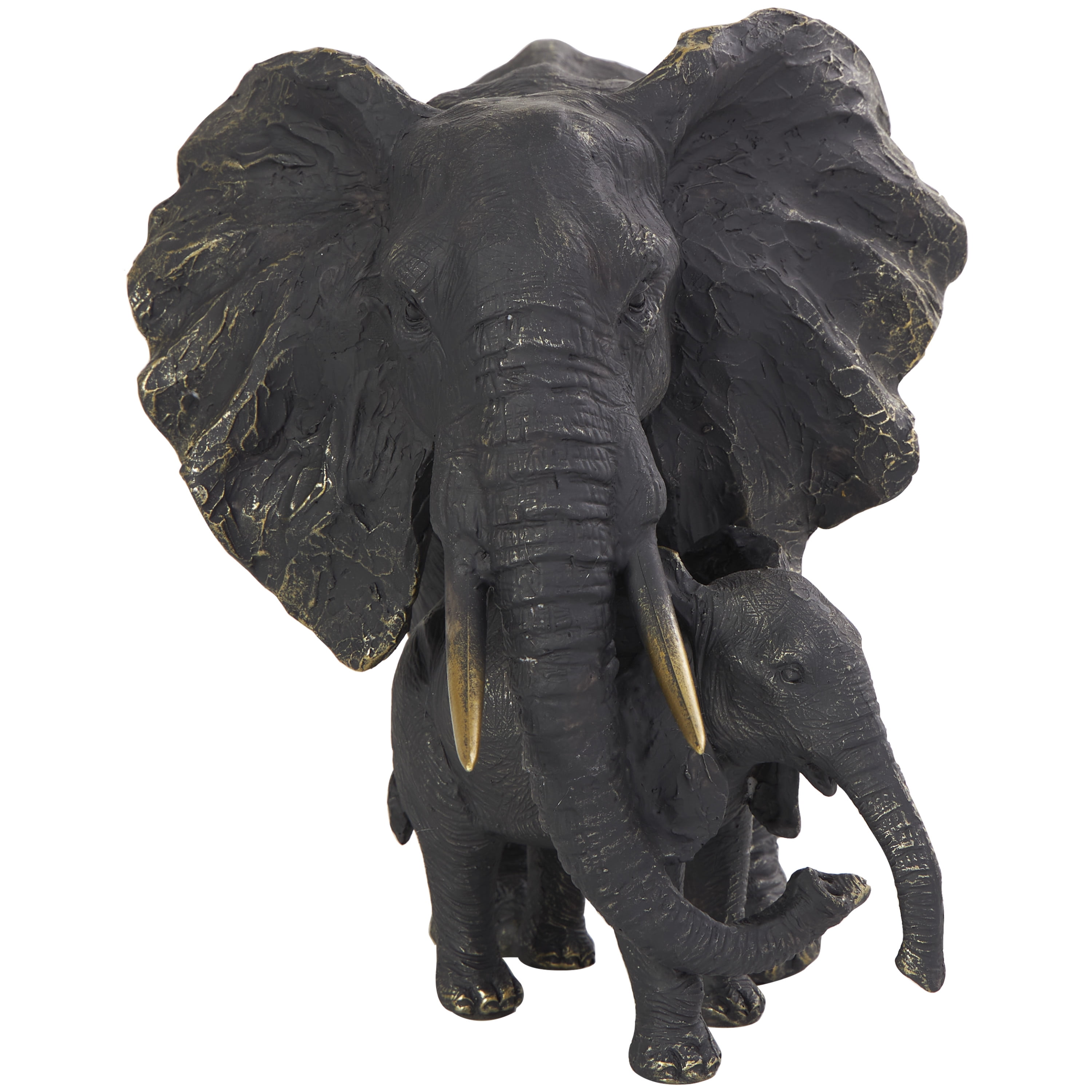 14" x 9" Bronze Polystone Family Elephant Sculpture with Gold Foil Accents, by DecMode