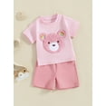 thumbnail image 3 of Nygoyerh Toddler Baby Girls Summer Cute Outfits Short Sleeve Fuzzy Bear Embroidery Tops with Elastic Waist Shorts 2Pcs Infant Shorts Sets for Casual Daily 0-3 Years, 3 of 9