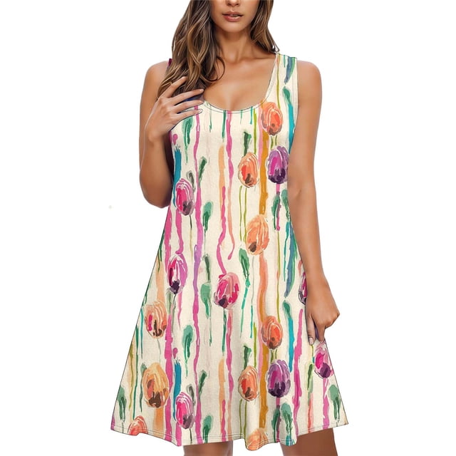 Oksale Robe Mignonne à Fleurs pour Femmes Décontractée Tendance Sans Manches Robes d'Été Plage Boho Robes Soleil Col Rond Robes de Vacances avec Poches Kaki TG