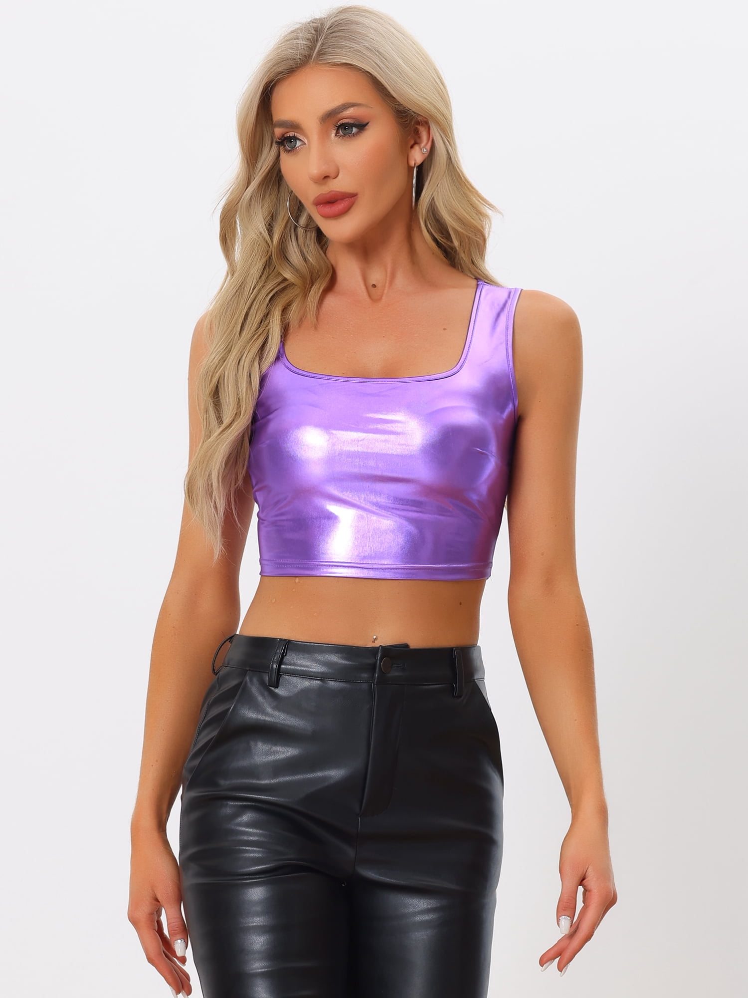 DARING DIVA Women's U Neck Sleeveless Shiny Metallic Crop Top M Lavender