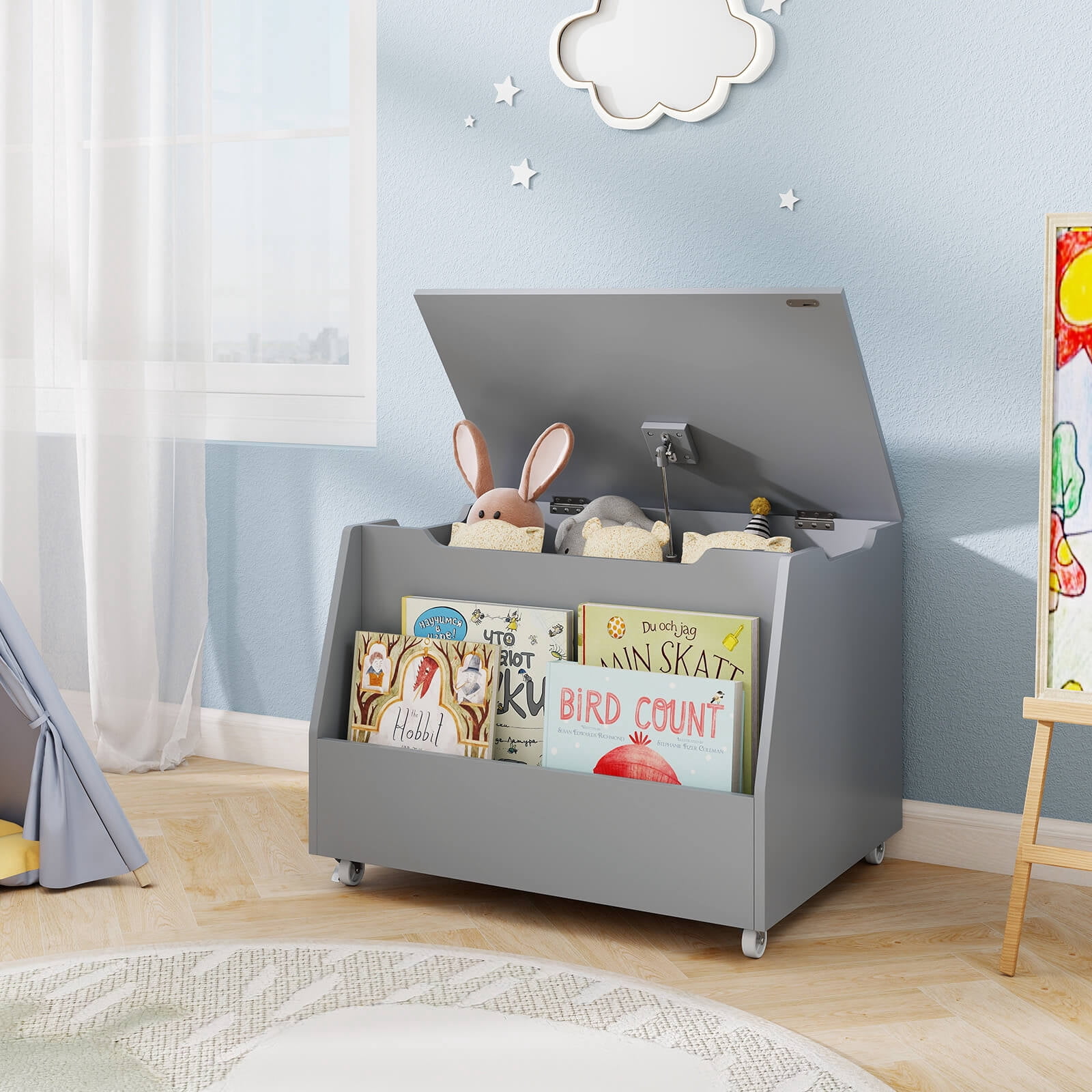 Costway Kids Toy Box Wooden Mobile Toy Storage Organizer with Bookshelf & Lockable Wheels Gray