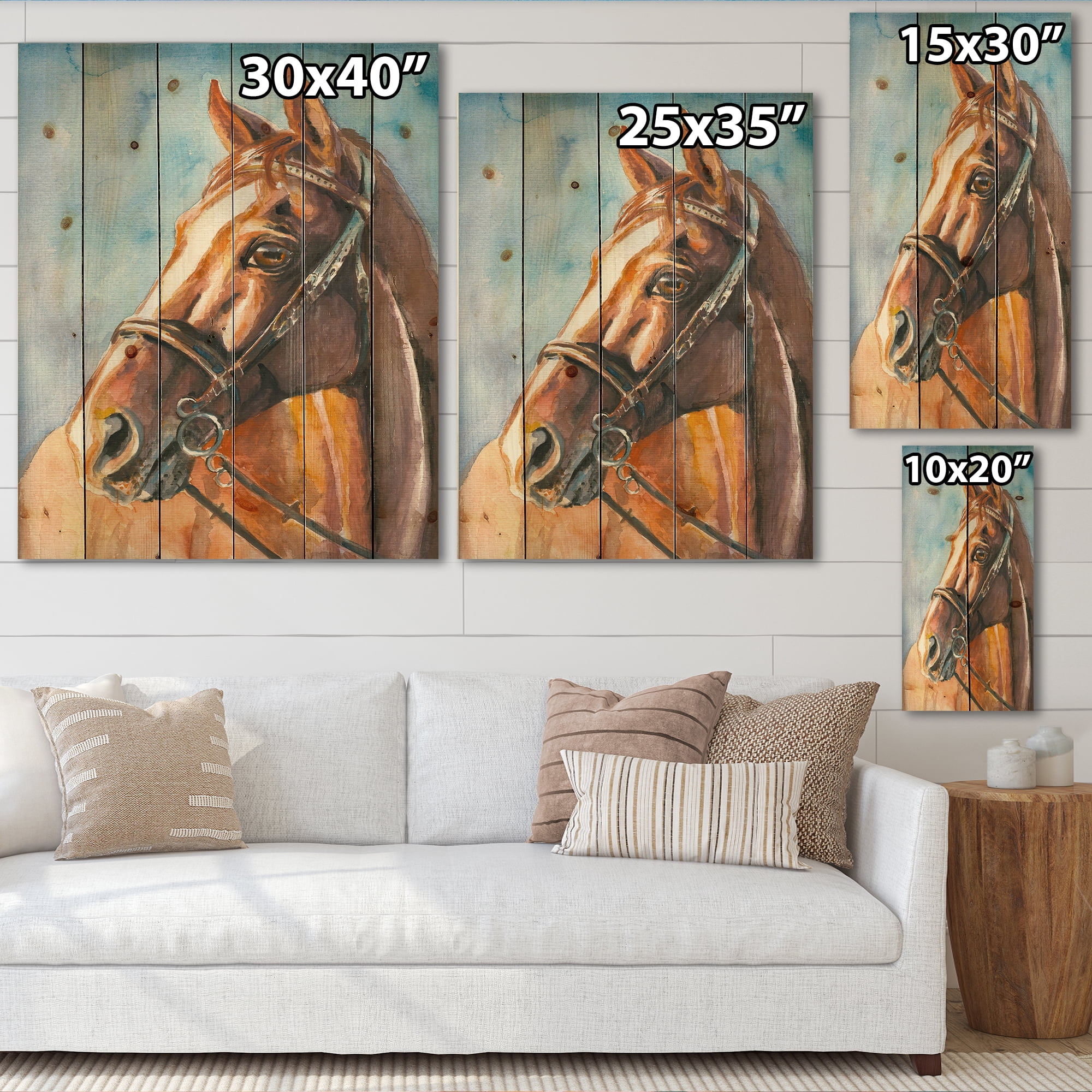 Designart 'Close Up Portrait of A Brown Horse' Farmhouse Print on Natural Pine Wood