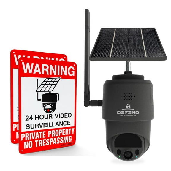 TACTACAM Defend 360 Cellular Security Camera, 4K Photos, 1080p Video, Solar   Rechargeable Battery, 360 Pan/Tilt/Zoom, LTE Cellular, Motion Alerts, Weather Resistant Includes Warning Signs