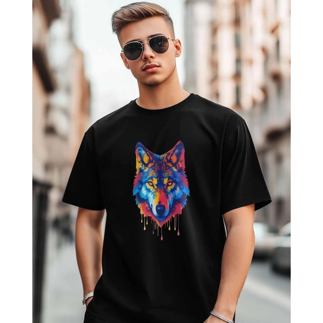 Mens T-Shirts,Watercolor Wolf Short Sleeve T Shirts for Men Crew Neck Tees,Loose Fit Casual Men's T-Shirts for Teens Boys