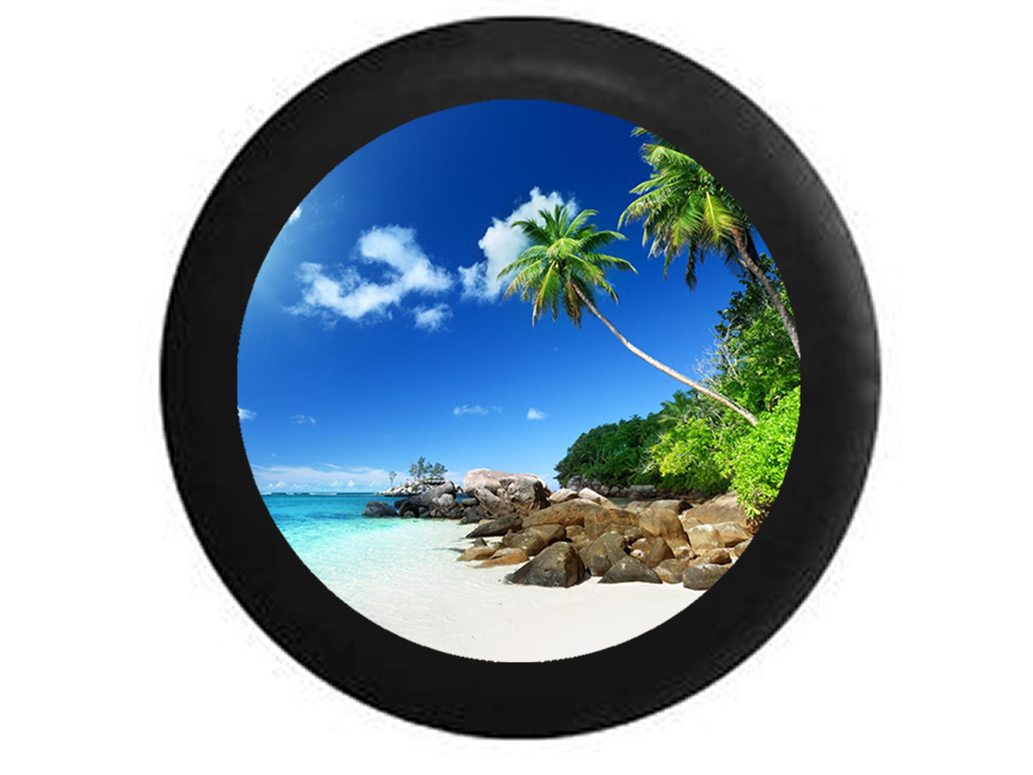 Palm Trees White Sand Tropical Beach Vacation Jeep RV Camper Spare Tire Cover Black 27.5 in