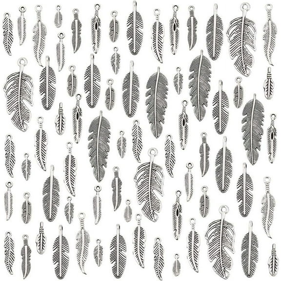 84pcs 14 Styles Feather Charms Pendants Silver Feathers Pendants Tibetan Style Metal Charm Beads for Dreamer Catcher Earring Necklace Bracelet Native Jewelry Making 12~40mm