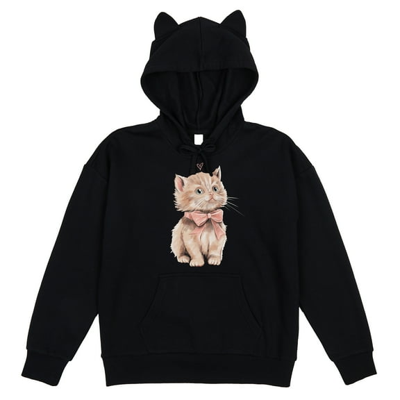 Cuddly Kitten With Heart Women's Black Long Sleeve Hooded Sweatshirt With 3D Ears-Medium
