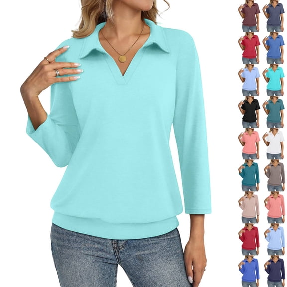 Polo Shirts for Women Collared V Neck Banded Bottom Long Sleeve Basic Knit Pullover Blouses Turquoise 2XL