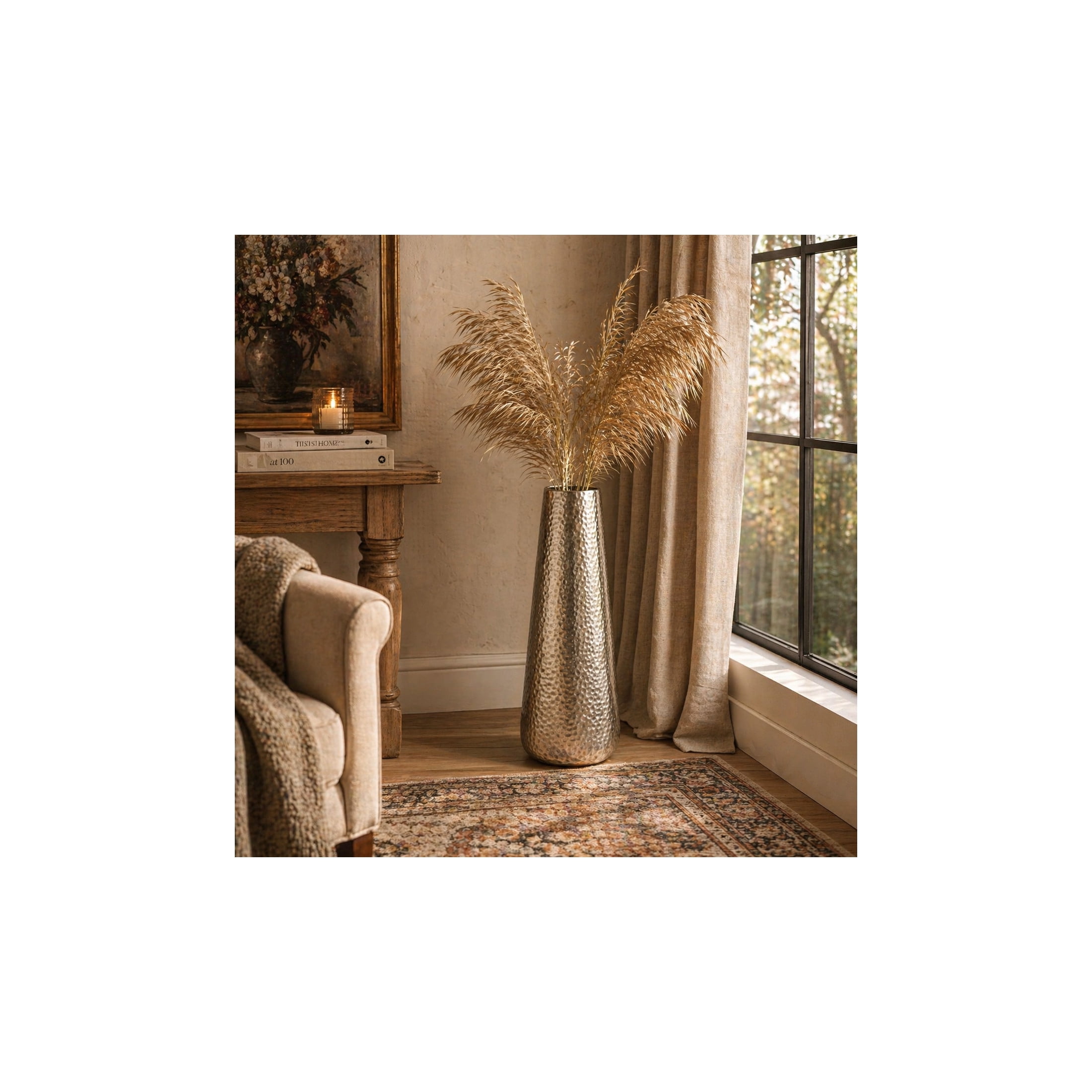 DecMode 25" Tall Hammered Silver Aluminum Metal Vase