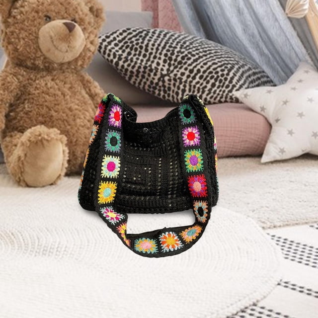 Bolso de mano de crochet, bolso de hombro informal para mujer, para el trabajo, la calle, el verano y el aire libre. Negro